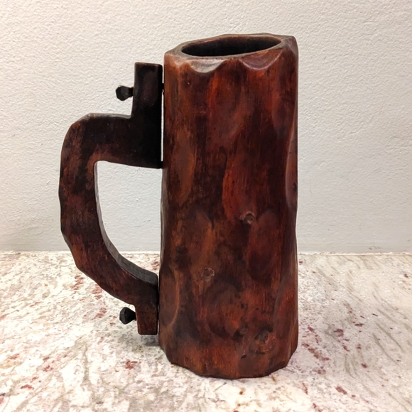 Vintage Hand Carved Wooden Stein Dark Mug Pegged Handle Man Cave Fred Flintstone - Picture 1 of 9